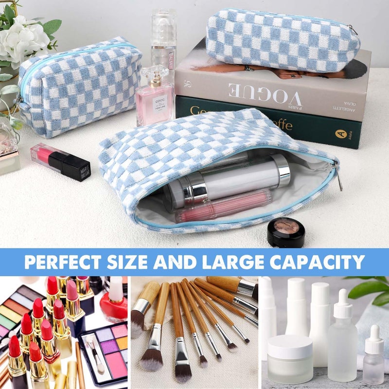 Gocvo 3 Pcs Makeup Bag Cosmetic Bag Set for Girls Women Checkered Travel Organizer Bathroom Toiletry Pouch Large Capacity Storage Bag (Blue-White) - Image 2